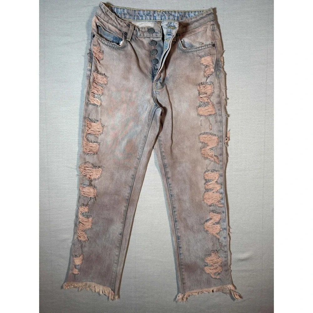 CARMAR‎ Denim Distressed High Rise Jeans Washed Blue Pink Size 26 Button Fly